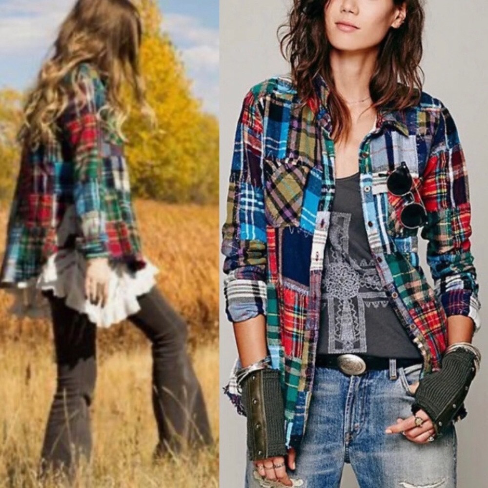 Free people lost in plaid patchwork flannel shirt.